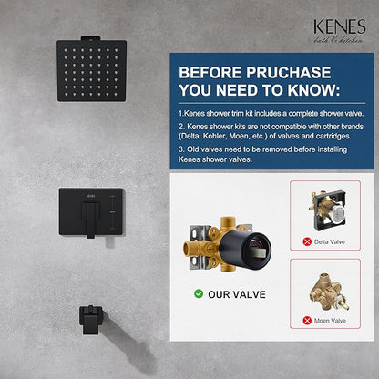 KENES Tub Shower Faucet Set Complete, Matte Black Tub and Shower Trim Kit with 6-Inch Rain Shower Head, Square Shower System, KE-6025A-2 (Shower Valve Included)