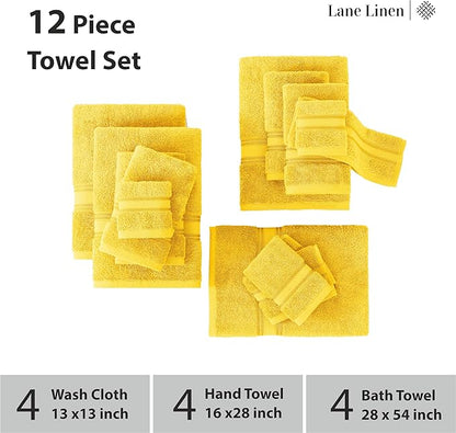 LANE LINEN 12 Pack Towels for Bathroom – 100% Mercerized Cotton, 4 Bath, 4 Hand & 4 Wash Cloth, Zero Twist Soft Towels, Oeko Tex Certified Hotel Quality Towel, Easy to Wash – Mimosa