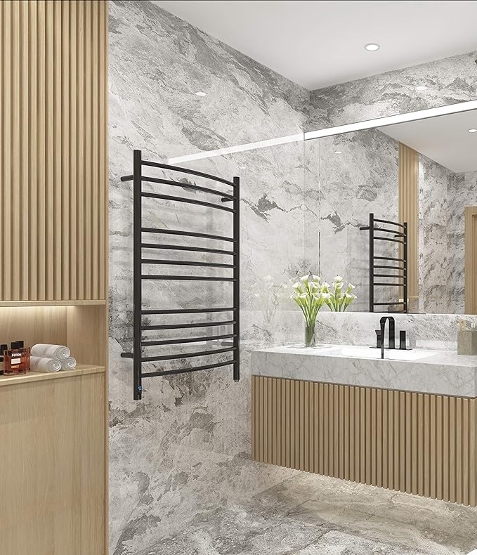 HEATGENE Electric Towel Warmer with Built-in Timer & Temperature Control, Wall-Mounted 12-Bar Large Towel Rack, Plug-in/Hardwired Heated Towel Rail for Bathroom - Matte Black