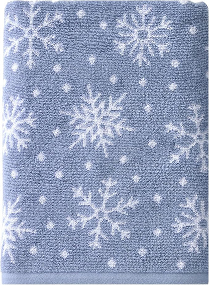 SKL Home Christmas/Winter Scattered Snowflakes 100% Cotton Premium Bath Towel, 500 GSM, Soft & Absorbent, Reversible Jacquard, Decorative, Blue/White