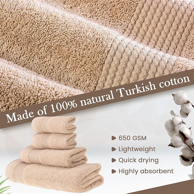 HALLEY Turkish Cotton Towels (Set of 4) 1 Bath Towel 1 Hand Towel 2 Washcloths, Super Soft Highly Absorbent 100% Cotton Towels for Bathroom and Kitchen for Mother’s Day (Tan)