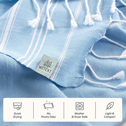 WETCAT Turkish Hand Towels with Hanging Loop, Set of 2 (20" x 30") 100% Turkish Cotton, Pre-Washed, Quick Drying, for Kitchen or Bathroom - Light Blue