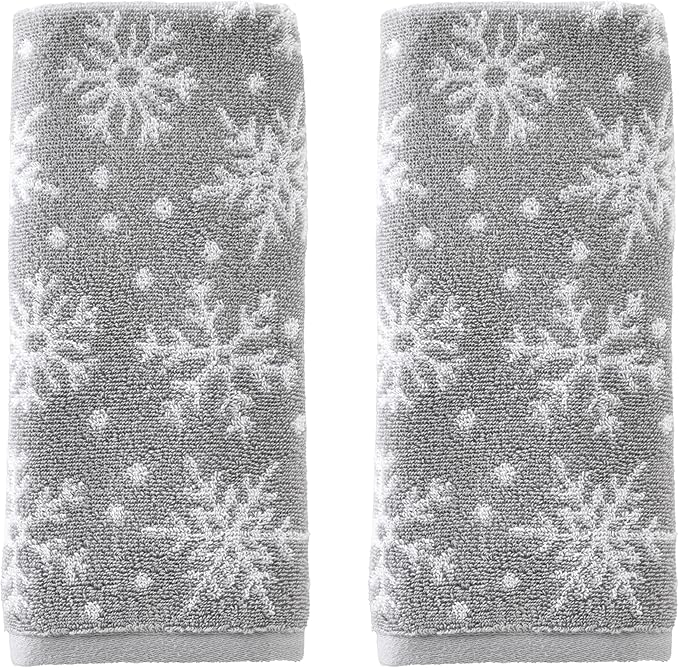 SKL Home Winter/Christmas Scattered Snowflakes Hand Towel 2pc Set for Bath/Kitchen/Bar & Gift, Gray
