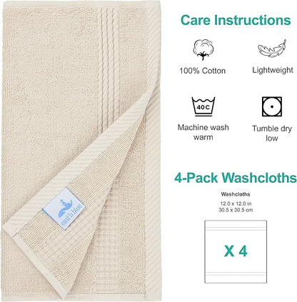 EastNBlue Lara 100% Turkish Cotton Washcloths 4 Pack, Extra Soft & Absorbent Wash Cloths for Face & Body (12" x 12"), Terry Cloth, Small Hand Towels for Bathroom, Beige