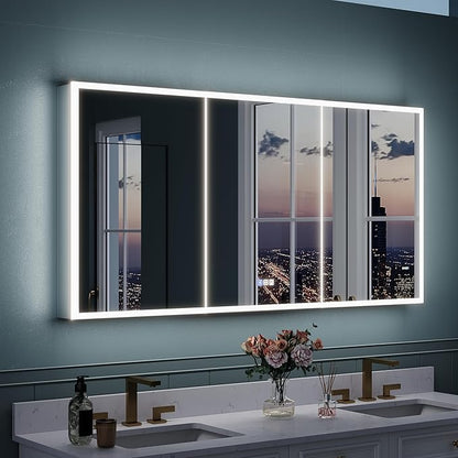 WELLFOR 60" X 30" LED Mirrored Bathroom Cabinet with 3X Magnification Makeup Mirror, Medicine Cabinet with Defog Mirror, Dimmer, Outlets & USB Ports, Bathroom Mirrored Cabinet with Three Opening Doors