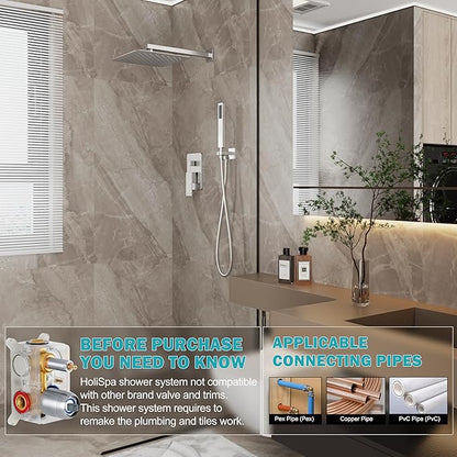 Brushed Nickel Shower System, Shower Faucet Set with 10-Inch Rain Showerhead and Handheld Spray, Wall Mounted High-Pressure Showerhead Combo Set Included Valve and Trim, Brushed Nickel