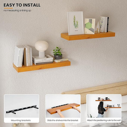 Pine Floating Wall Shelves Set of 2, 16 Inches Long x 8”x 1.4” Shelf Floating Rustic Farmhouse Decor, Heavy Duty Shelf, Wall Shelves for Bathroom Living Room Kitchen Bedroom Office, Honey Oak