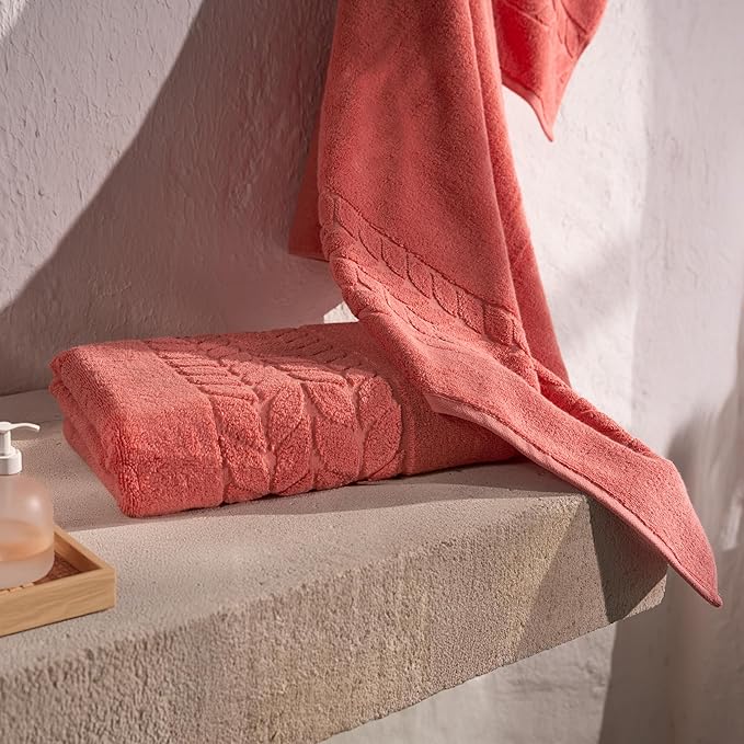 BAGNO MILANO Organic Turkish Cotton Bath Towels, Luxury Jacquard Collection, Certified Organic Highly Absorbent, Soft-Plush Towel Set (Coral Red, 4 Pcs Hand Towel Set)