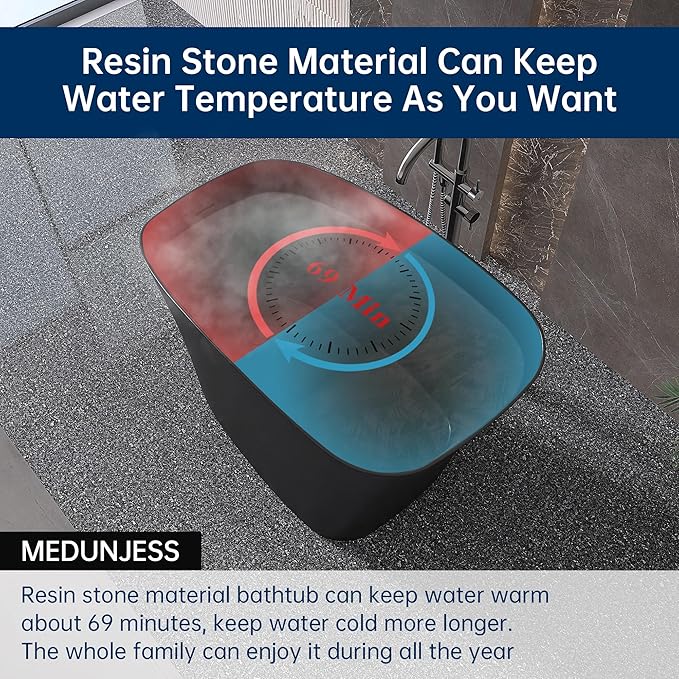 51'' Japanese Soaking Tub Freestanding Bathtub Resin Stone Bathtubs Deep soaking Tub with Overflow and Pop-up Drain - black