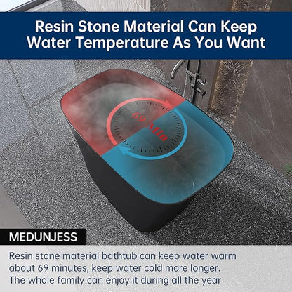 51'' Japanese Soaking Tub Freestanding Bathtub Resin Stone Bathtubs Deep soaking Tub with Overflow and Pop-up Drain - black
