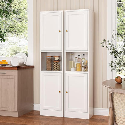 Tall Narrow Storage Cabinet,Metal Pantry Cabinet with Ajustable Shelves Open Countertop, Slim Sideboard for Small Spaces, Living Room, Kicthen, Dining Room, White