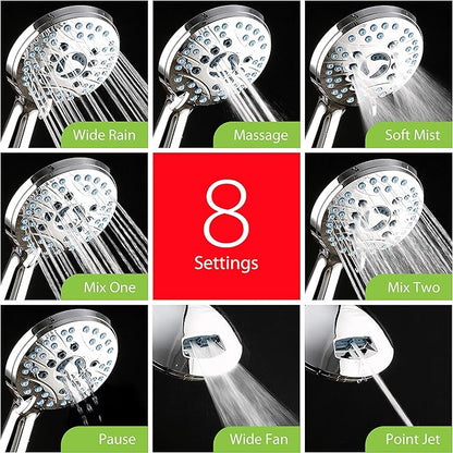 Hotel Spa AquaCare High Pressure 8-Mode Handheld Shower Head - Anti-clog Nozzles, Built-in Power Wash to Clean Tub, Extra Long 6 ft. Stainless Steel Hose, Wall & Overhead Brackets