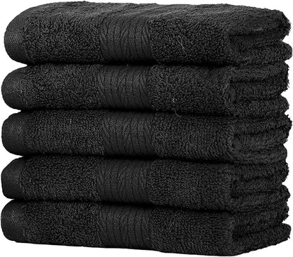 Ample Decor Washcloths Pack of 5 12 X 12 Inch 100% Cotton 600 GSM, Soft Absorbent and Reusable Fingertip Towels, Ideal for Bathroom and Powder Room - Black