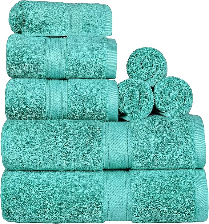 BLUENILEMILLS Madison Egyptian Cotton Towels, Towel Set for Bathroom, Shower, Hotel, Plush, 800 GSM, Highly Absorbent and Ultra-Soft Towels, Bath Essentials, 8 Piece Assorted Towel Set, Turquoise