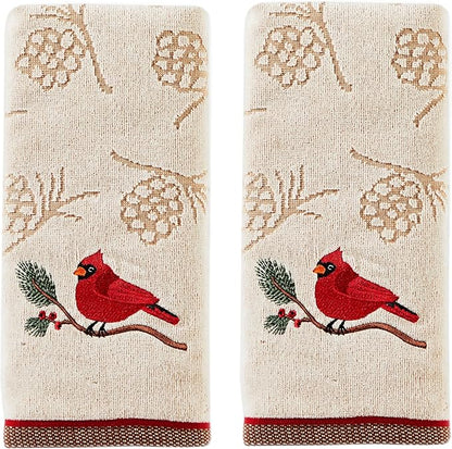 SKL Home Christmas/Winter Cardinal & Branch Hand Towel 2pc Set for Bath/Kitchen/Bar & Gift, Wheat