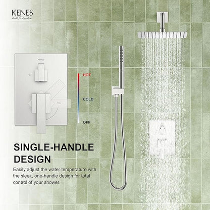 KENES Square Rainfall Shower System Faucet Set, Brushed Nickel Rain Shower Head and Handle Set, 10 Inch Stainless Shower Head with Handheld Spray (Shower Valve Included), LJ-6026A