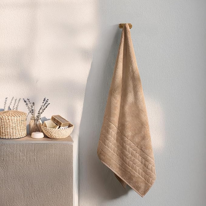 BAGNO MILANO Organic Turkish Cotton Bath Towels, Luxury Jacquard Collection, Certified Organic Highly Absorbent, Soft-Plush Towel Set (Latte, 2 Pcs Bath Towel Set)