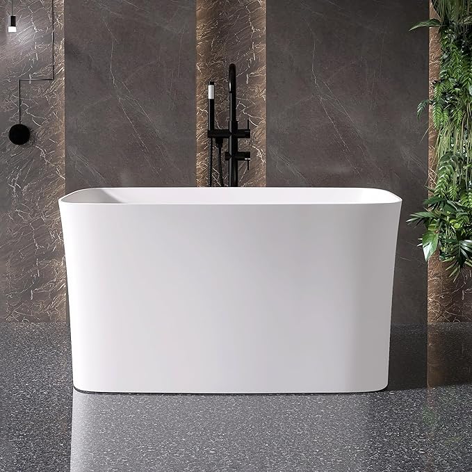 47" Stone Resin Freestanding Bathtub, Freestanding Bathtub with seat,Oval Solid Surface Japanese Soaking Bathtubs with Drain & Integrated Slotted Overflow Matte White MG003-1200