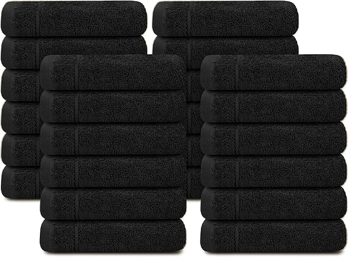 Tens Towels Pack of 24 Washcloths, 12 x 12 Inches, Lighter Weight, Quick to Dry, Super Soft & Absorbent, Gentle Face Towels, Hotel Quality, Perfect for Bathroom, Gym, Spa (Black, 24 Pack)