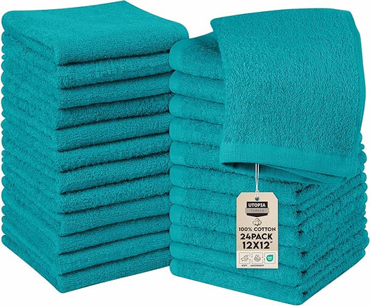 Utopia Towels 24 Pack Cotton Washcloths Set, 100% Ring Spun Cotton, Premium Quality Flannel Face Cloths, Highly Absorbent and Soft Feel Fingertip Towels, Turquoise