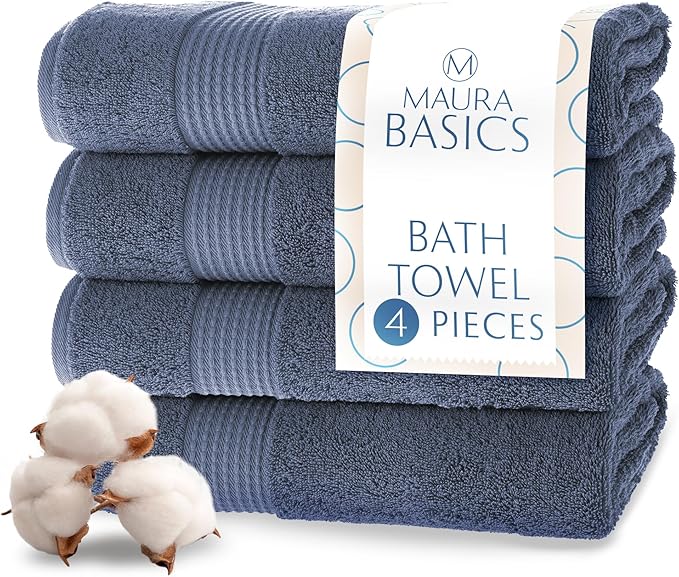 MAURA Basics Performance Bath Towels 100% Turkish Cotton with Hook Loops. Extra Large Luxury Absorbent Plush Towel Sets for Bathroom, Daily Use American Standard Size 27”x54”, Denim Blue