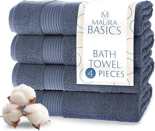 MAURA Basics Performance Bath Towels 100% Turkish Cotton with Hook Loops. Extra Large Luxury Absorbent Plush Towel Sets for Bathroom, Daily Use American Standard Size 27”x54”, Denim Blue