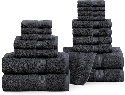 LANE LINEN 100% Ring Spun Cotton Black Bath Towel Set, 18PCs - 6 Hand, 8 Washcloths, 4 Shower Towels - Machine Washable & Sustainably Produced, Ultra Soft, Highly Absorbent & Pet Friendly