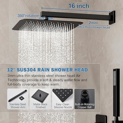 Shower System, Black Shower Faucet Set with 12-Inch Rain Showerhead and Handheld Spray, Wall Mounted High-Pressure Showerhead Combo Set Included Valve and Trim, Matte Black