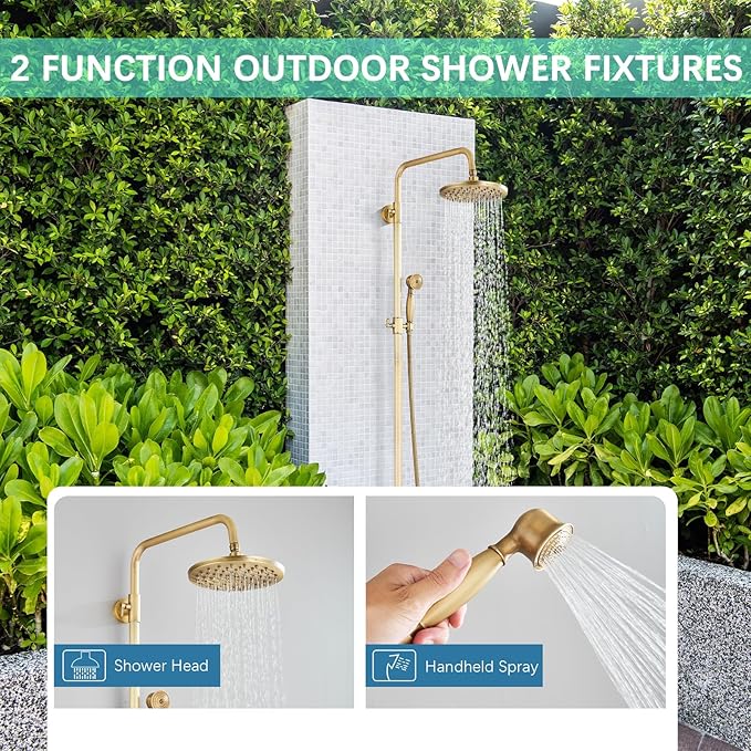 Antique Brass Shower System Bathroom Shower Faucet Set with 8 Inch Rainfall Shower Head Handheld Spray 2 Cross Handles Wall Mounted Outdoor Shower Fixtures Solid Brass