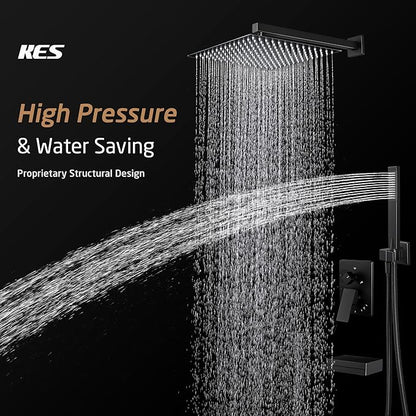 KES Black Shower Faucet Set Complete, 12 Inch Rainfall Shower Head with Handheld Spray, Waterfall Tub Spout Bathtub Faucet, Shower System, Regaderas Modernas Para Ducha, XB6305F18S12-BK