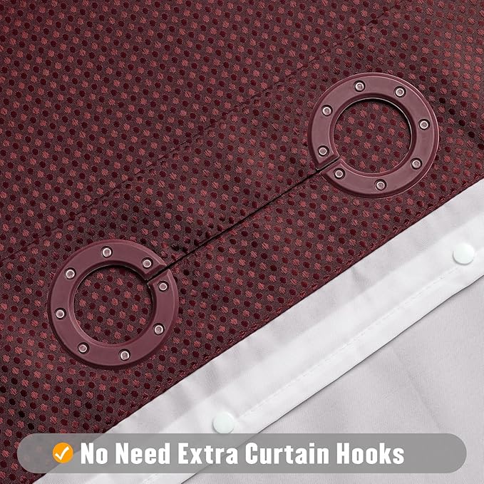 MitoVilla Burgundy Long Shower Curtain Liner Set 72 x 80, No Hooks Needed 80 inch Long Heavyweight Waffle Fabric Shower Curtain Set with Snap-in Liner for Hotel Grade Spa-Like Bathroom Decor, Burgundy