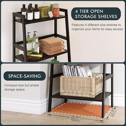 HITNET Black Bookshelf, 4-Tier Ladder Shelf, Freestanding Leaning Bookcase with Bamboo Shelves, Space Saving Flower Plant Stand for Small Space