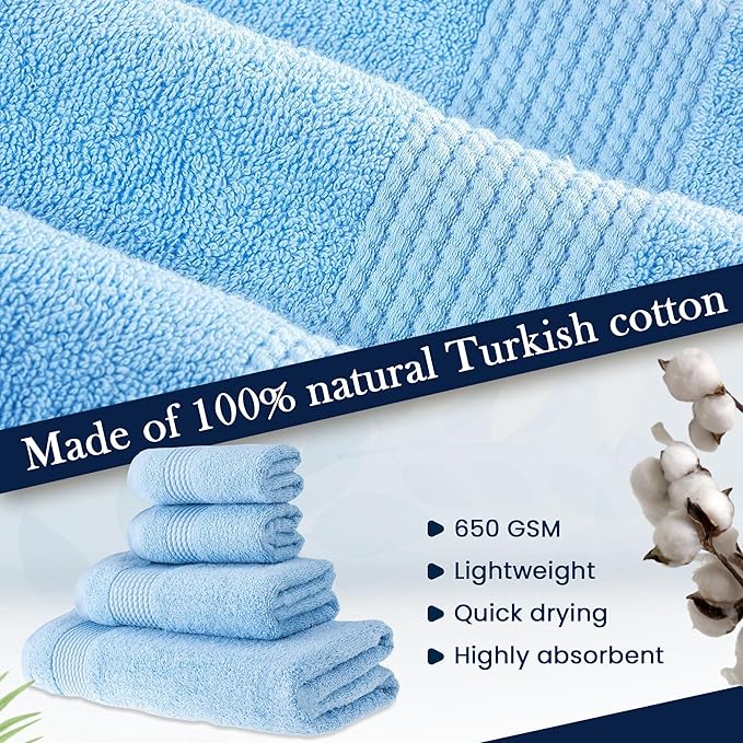 HALLEY Turkish Cotton Towels (Set of 4) 1 Bath Towel 1 Hand Towel 2 Washcloths, Super Soft Highly Absorbent 100% Cotton Towels for Bathroom and Kitchen for Mother’s Day (Powder Blue)