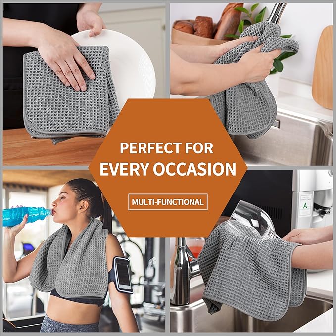 Microfiber Waffle Hand Towels, 4 Pieces, Soft, Absorbent, Fast Drying, Lint Free (Gray)
