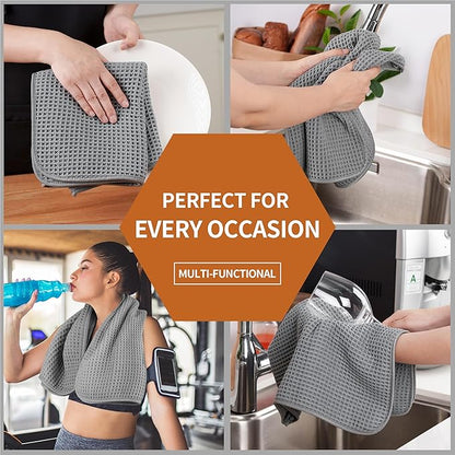 Microfiber Waffle Hand Towels, 4 Pieces, Soft, Absorbent, Fast Drying, Lint Free (Gray)