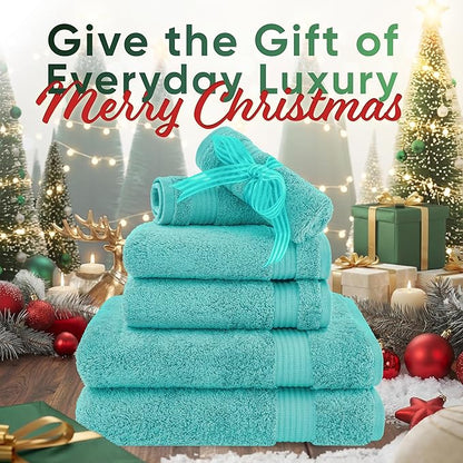 American Veteran Towel, 6 Piece Towel Set for Bathroom, 100% Cotton Turkish Bathroom Towels, 2 Bath Towels 2 Hand Towels 2 Washcloths, Turquoise Blue