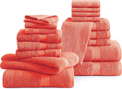 LANE LINEN 100% Ringspun Cotton Luxury Bath Towel Set, 18 PCs - 4 Bath Towels, 8 Washcloths, 6 Hand Towels - Sustainably Produced & Eco Friendly, Quick Drying & Ultra Absorbent - Living Coral