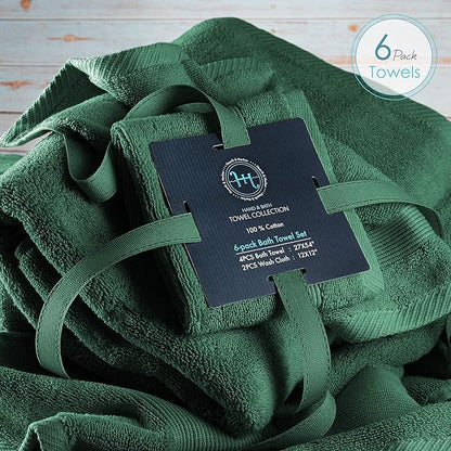 Hearth & Harbor Bath Towels for Bathroom - 100% Ring Spun Cotton Luxury Bathroom Towels - Ultra Soft & Highly Absorbent, Bath Towels Set of 6 - Hunter Green