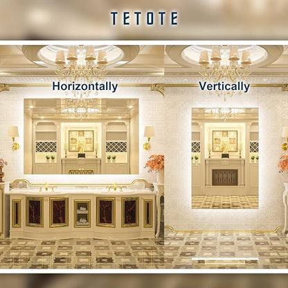 TETOTE 60 x 40 Inch LED Backlit Bathroom Mirror with Light,Anti-Fog,Dimmable,CRI90+,Water Proof,Vanity Lighted Mirror,Wall Mounted(Horizontal/Vertical)