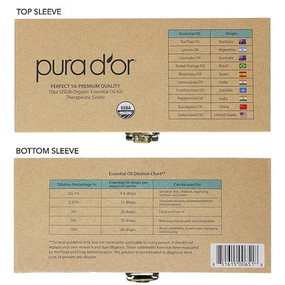 PURA D'OR Organic Perfect10 Essential Oils Set - 10x 10mL Wood Box Aromatherapy Gift Set - 100% Pure Therapeutic Grade for Relaxation and Wellness (Lavender, Peppermint, Eucalyptus, Tea Tree & More)