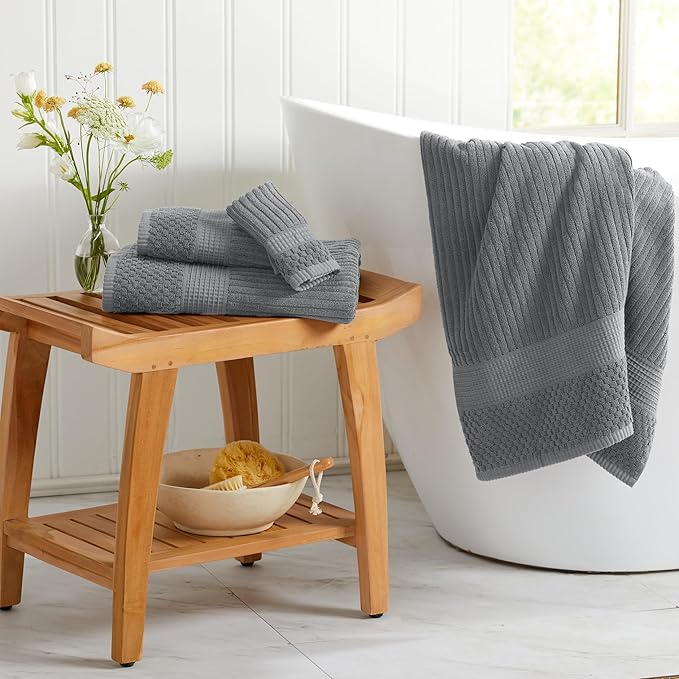 Springtree Home 100% Cotton Bath Towel Set 6 Piece Set | Super Soft & Absorbent Quick-Dry 2 Bath Towels 2 Hand Towels & 2 Washcloths |Textured and Durable Cotton | Krista Collection (Ultimate Grey)