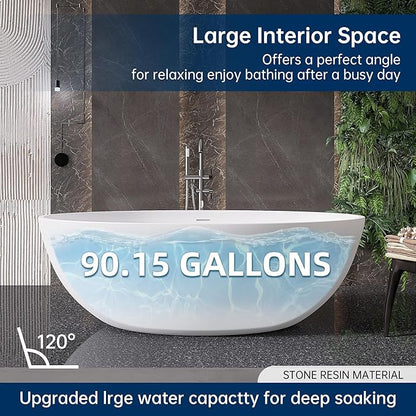 67'' Freestanding Soaking Bathtub Stone Resin Deep Bathtub Modern Bathtub Deep Soaking Bathtub with Overflow and Pop-up Drain…