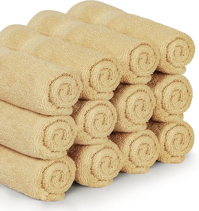 Utopia Towels 12 Pack Premium Wash Cloths Set, 12 by 12 Inches, 100% Cotton Ring Spun, Highly Absorbent and Soft Feel Essential Washcloths for Bathroom, Spa, Gym, and Face, Champagne