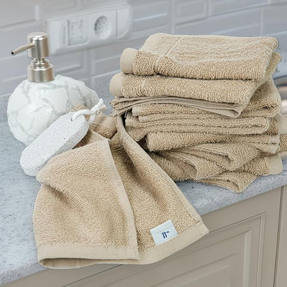 Tens Towels Pack of 24 Washcloths, 12 x 12 Inches, Lighter Weight, Quick to Dry, Super Soft & Absorbent, Gentle Face Towels, Hotel Quality, Perfect for Bathroom, Gym, Spa (Beige, 24 Pack)