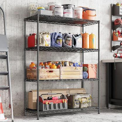 4- Shelf Metal Shelving Unit Adjustable Storage Shelves Heavy Duty Garage Shelving Steel Wire Shelving for Laundry Bathroom Kitchen Pantry Closet Garage Black, 35.6Wx16Dx54H