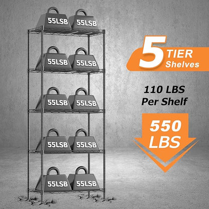 Storage Shelves,21.3" W x 11.8" D x 58.5" H Kitchen Wire Shelving Unit Loads 550LBS,5-tier Adjustable Metal Utility Shelf,Garage Shelves,Home Storage Rack for Kitchen, Laundry, Pantry and Closet