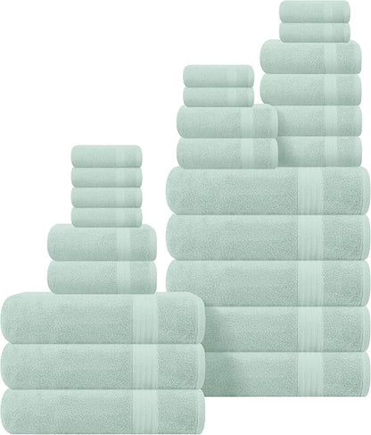 GLAMBURG Ultra Soft 24-Piece Towel Set - 100% Pure Ringspun Cotton, Contains 8 Oversized Bath Towels 27x54, 8 Hand Towels 16x28, 8 Wash Cloths 13x13 - Ideal for Everyday use, Hotel & Spa - Sea Green