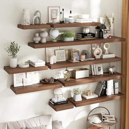 16 Inch Floating Shelves for Wall Set of 2, 12"D Wood Grain Bathroom Shelves with Invisible Brackets, Easy Install Engineered Wood Storage Shelves for Kitchen, Living Room, Bedroom, Walnut Finish