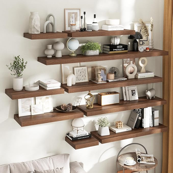 40 Inch Long Floating Shelves for Wall Set of 2, 12"D Wood Grain Bathroom Shelves with Invisible Brackets, Easy Install Engineered Wood Storage Shelves for Kitchen, Living Room, Bedroom, Walnut Finish