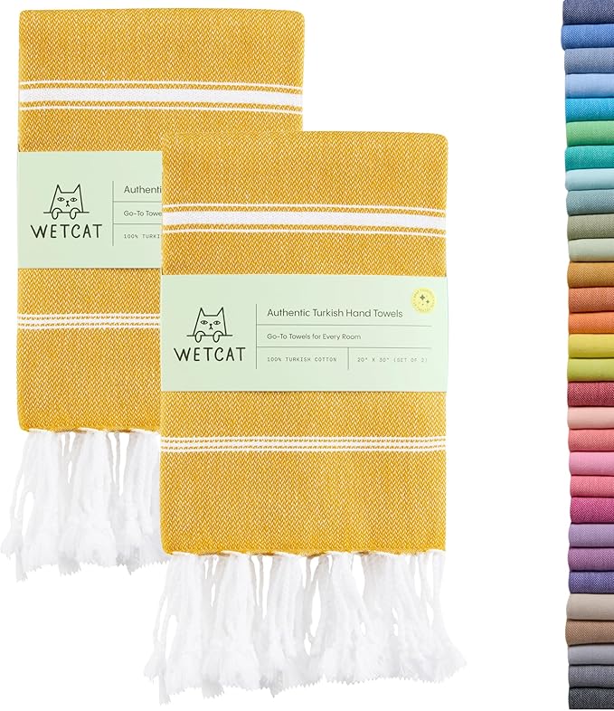 WETCAT Turkish Hand Towels with Hanging Loop, Set of 2 (20" x 30") 100% Turkish Cotton, Pre-Washed, Quick Drying, for Kitchen or Bathroom - Honey Gold